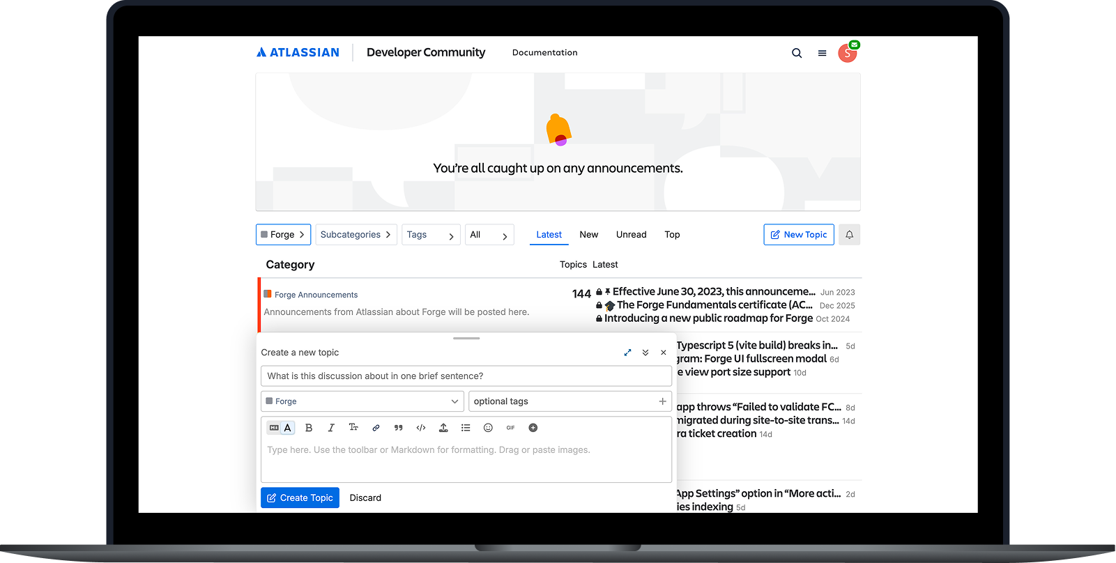 Forge space in Atlassian Developer Community with topics and a new topic composer
